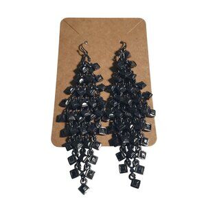 Black Dangle Chandelier Earring Hook Drop Heavyweight Multi Tier Square Handmade